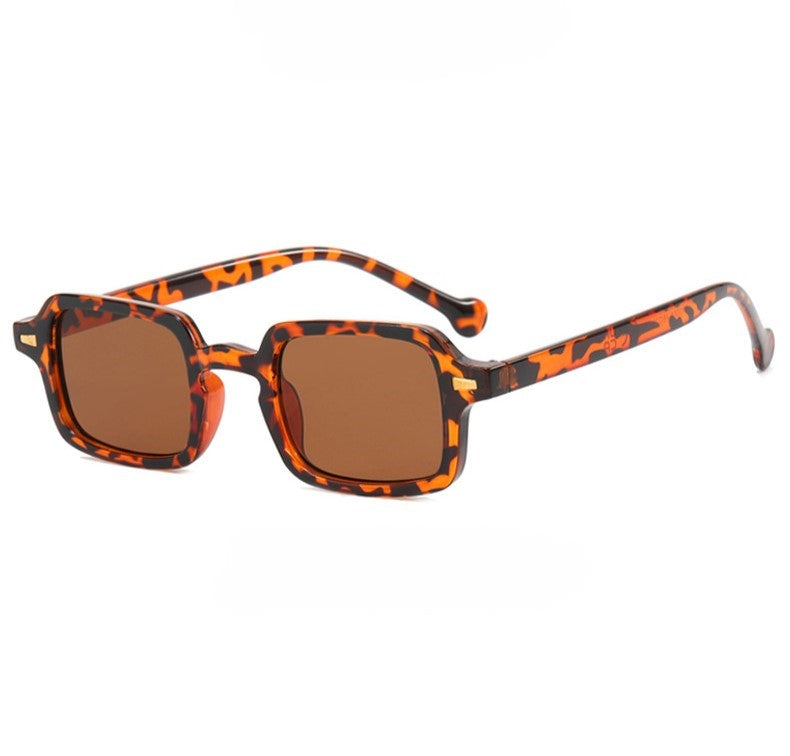 Narrow Square Frame Sunglasses With Rivets - Leopard
