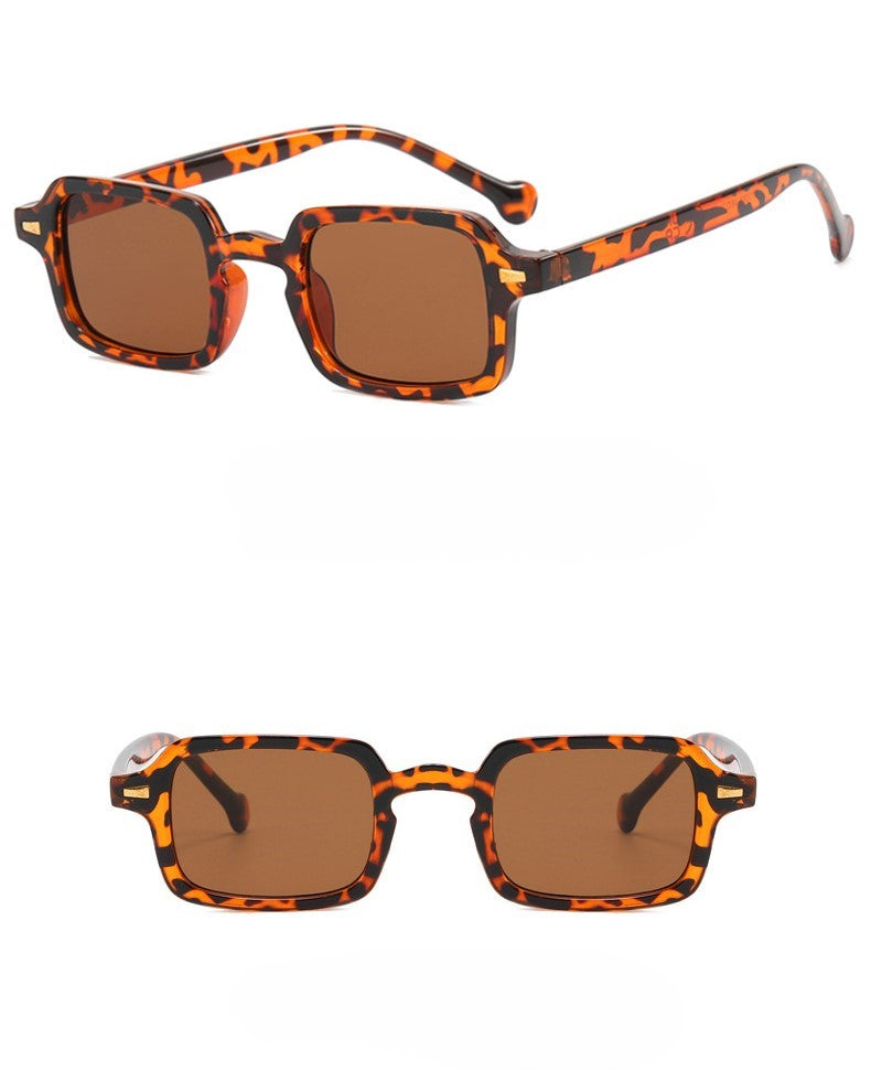 Narrow Square Frame Sunglasses With Rivets - Leopard - 1