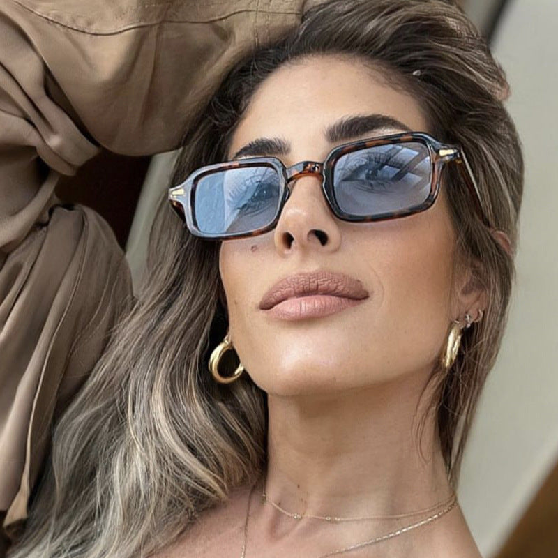 Narrow Square Frame Sunglasses With Rivets - Leopard - 2