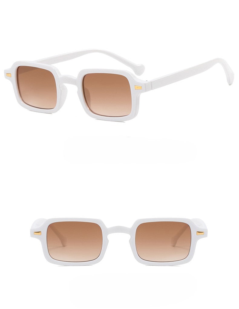 Narrow Square Frame Sunglasses With Rivets - White - 1