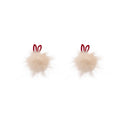 Outlined Heart Fluffy Pom Stud Earrings - Red