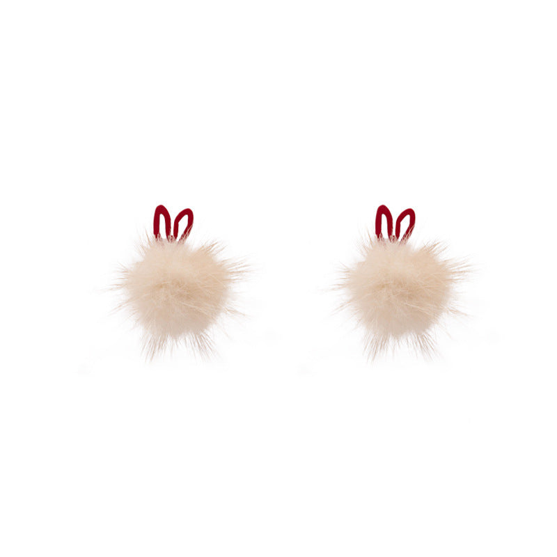 Outlined Heart Fluffy Pom Stud Earrings - Red