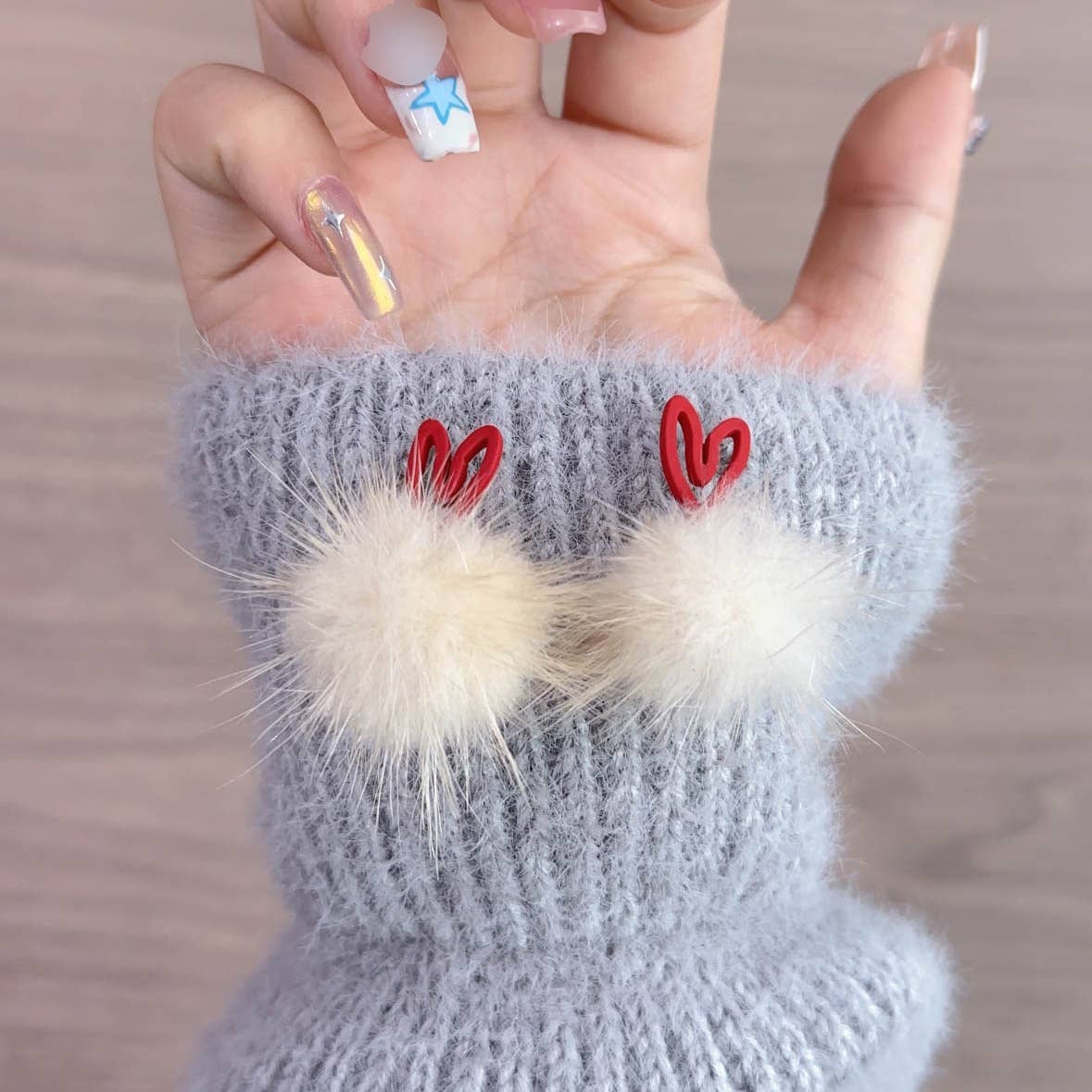 Outlined Heart Fluffy Pom Stud Earrings