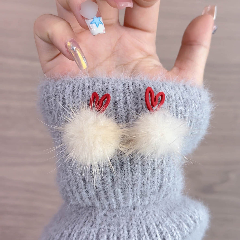 Outlined Heart Fluffy Pom Stud Earrings - view 1