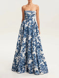 Strapless Toile Floral A Line Gown - Blue