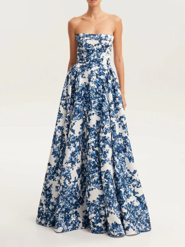 Strapless Toile Floral A Line Gown - Blue