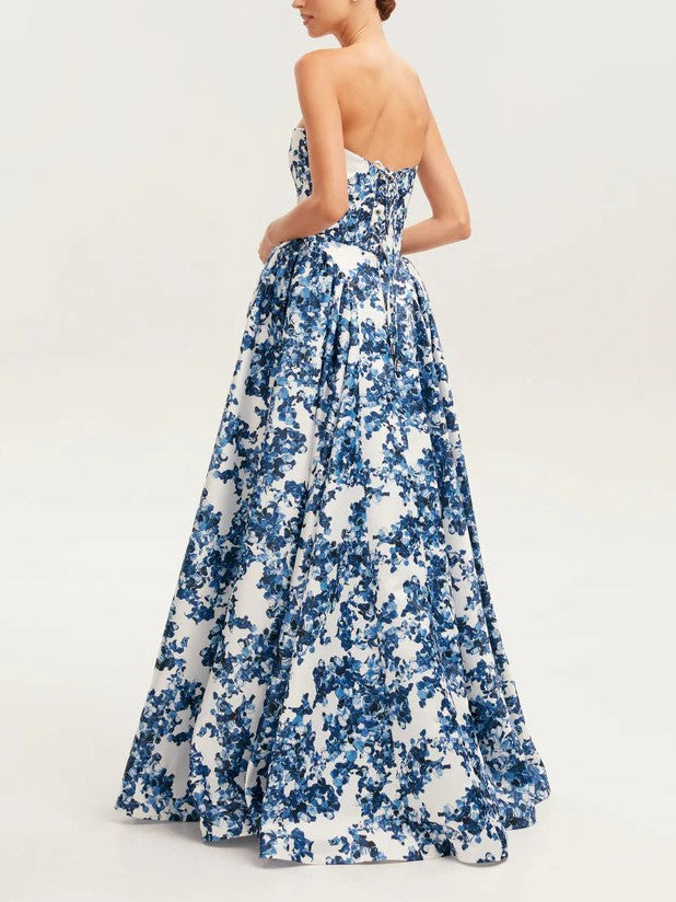 Strapless Toile Floral A Line Gown - Blue - 1