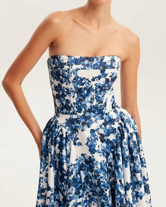 Strapless Toile Floral A Line Gown - Blue - 2