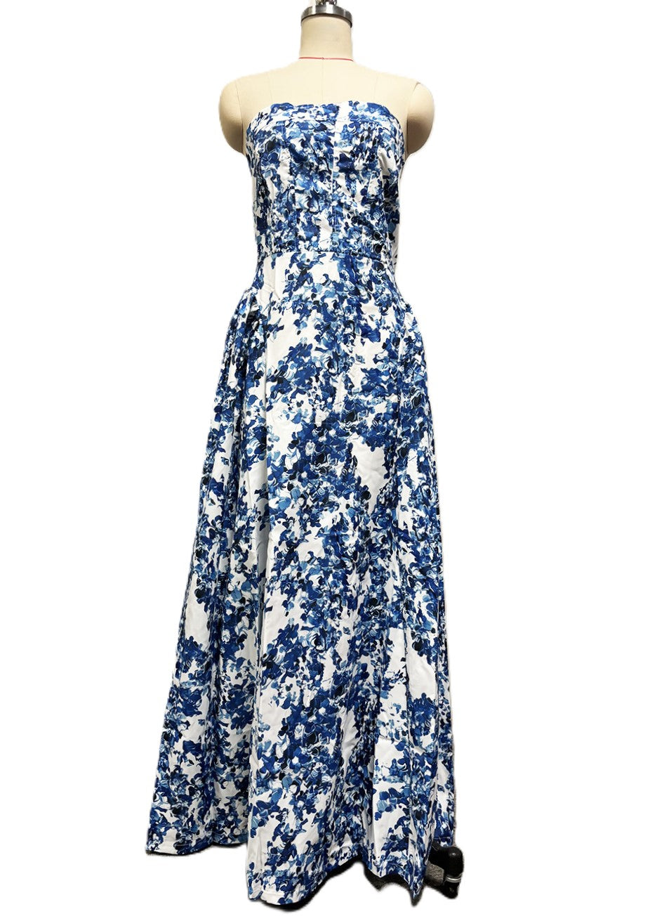 Strapless Toile Floral A Line Gown - Blue - 3