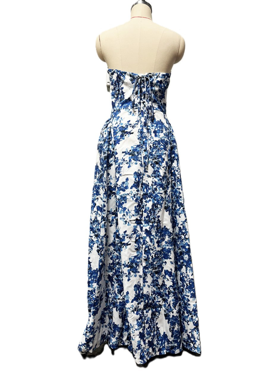 Strapless Toile Floral A Line Gown - Blue - 4