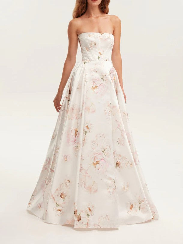 Strapless Toile Floral A Line Gown - Pink