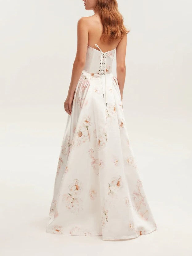 Strapless Toile Floral A Line Gown - Pink - 1