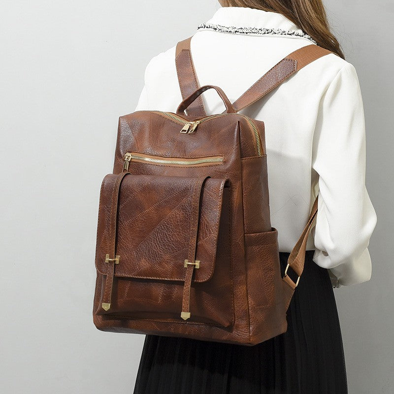 Vintage Vegan Leather Flap Pocket Backpack