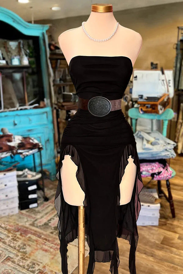 Strapless Ruched Belted High Slit Dress - black - 1