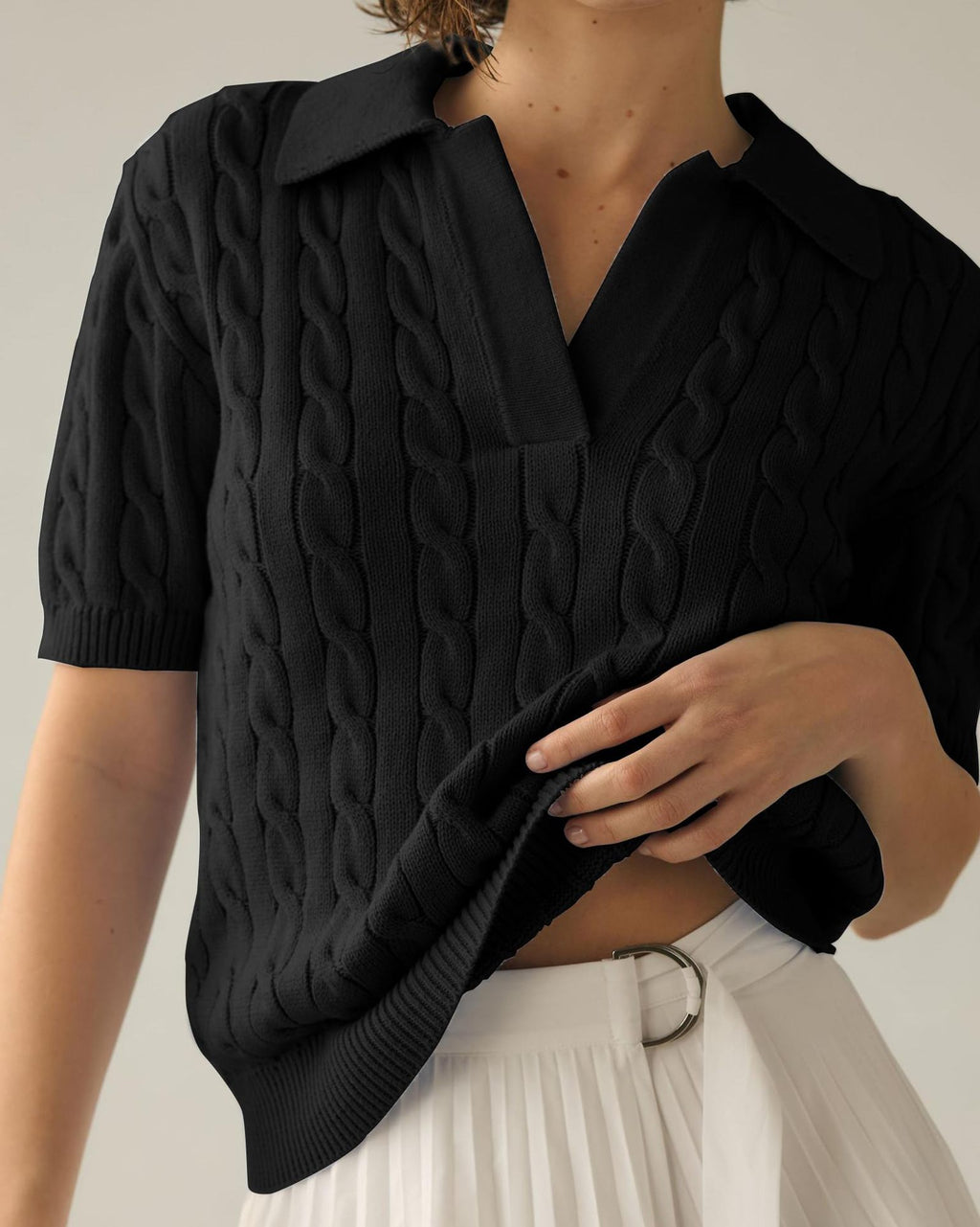 Cable Knit Collared Short Sleeve Polo Top - Black