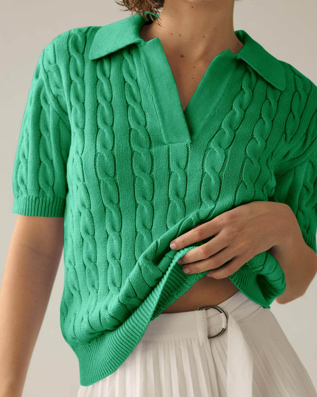 Cable Knit Collared Short Sleeve Polo Top - Green