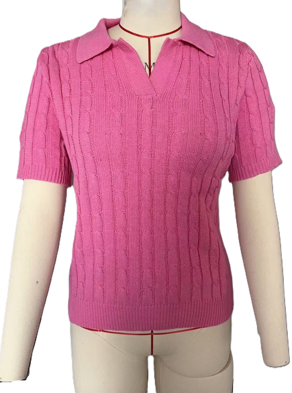 Cable Knit Collared Short Sleeve Polo Top - Rosered