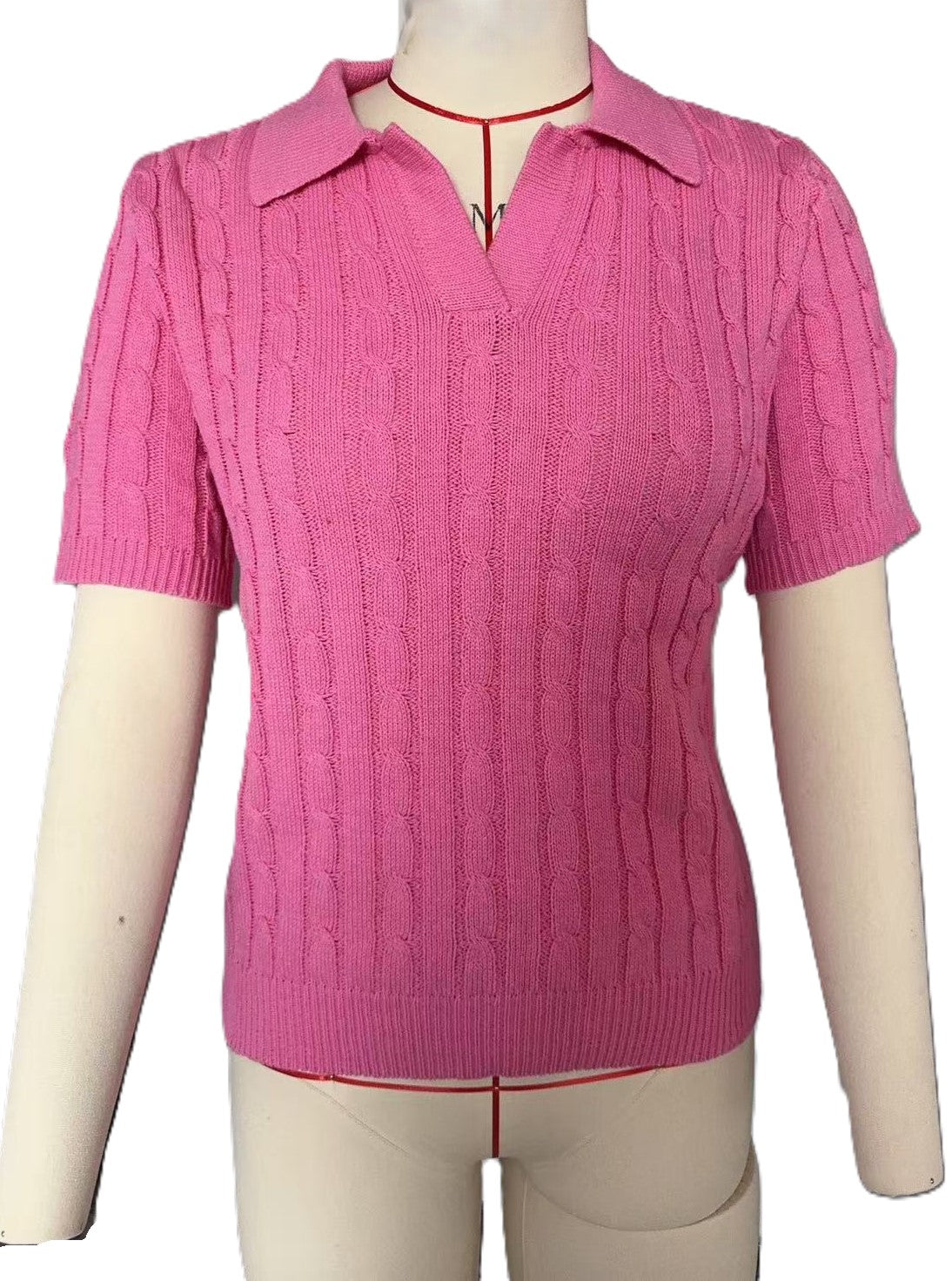 Cable Knit Collared Short Sleeve Polo Top - Rosered
