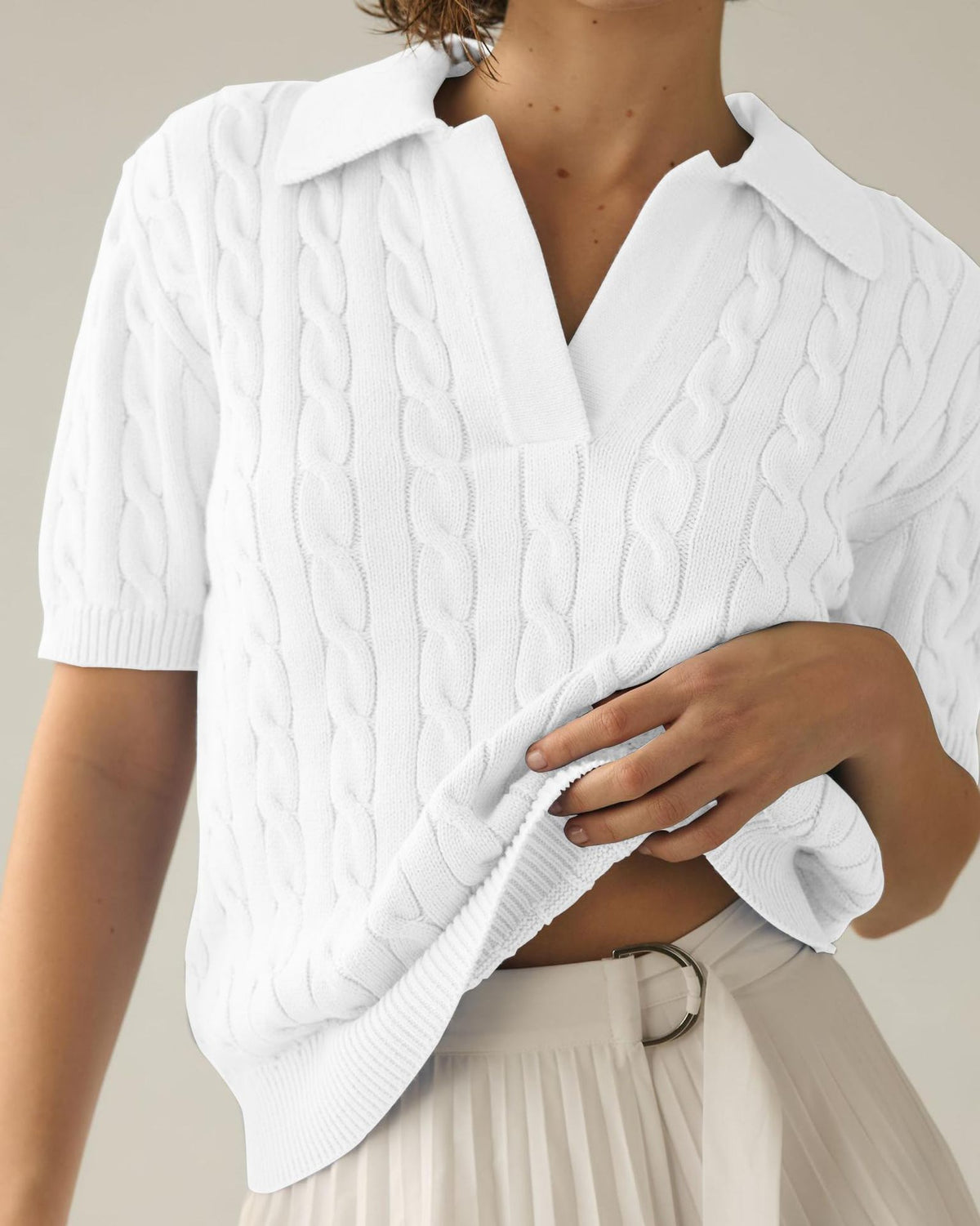 Cable Knit Collared Short Sleeve Polo Top - White