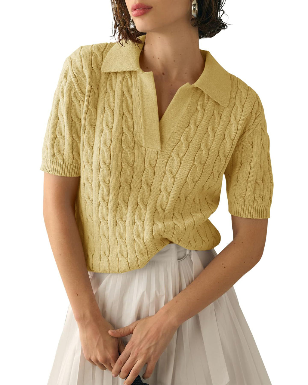 Cable Knit Collared Short Sleeve Polo Top - Yellow