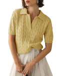 Cable Knit Collared Short Sleeve Polo Top - Yellow