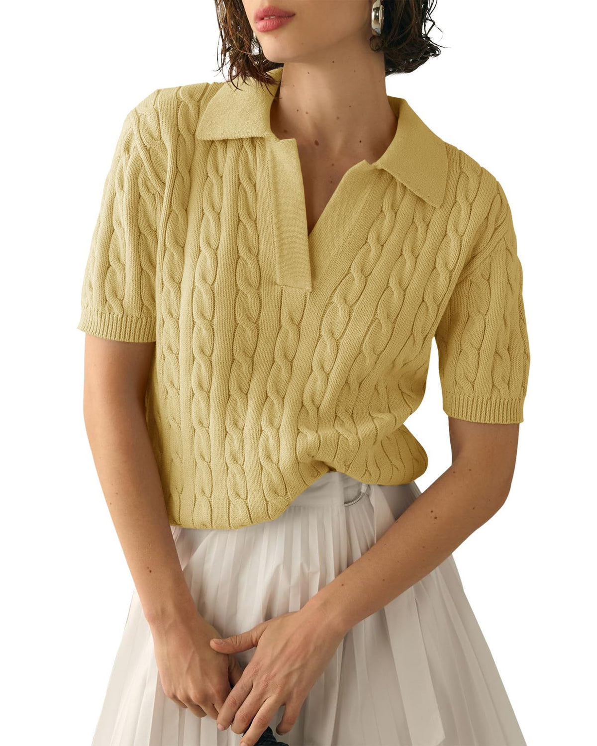 Cable Knit Collared Short Sleeve Polo Top - Yellow