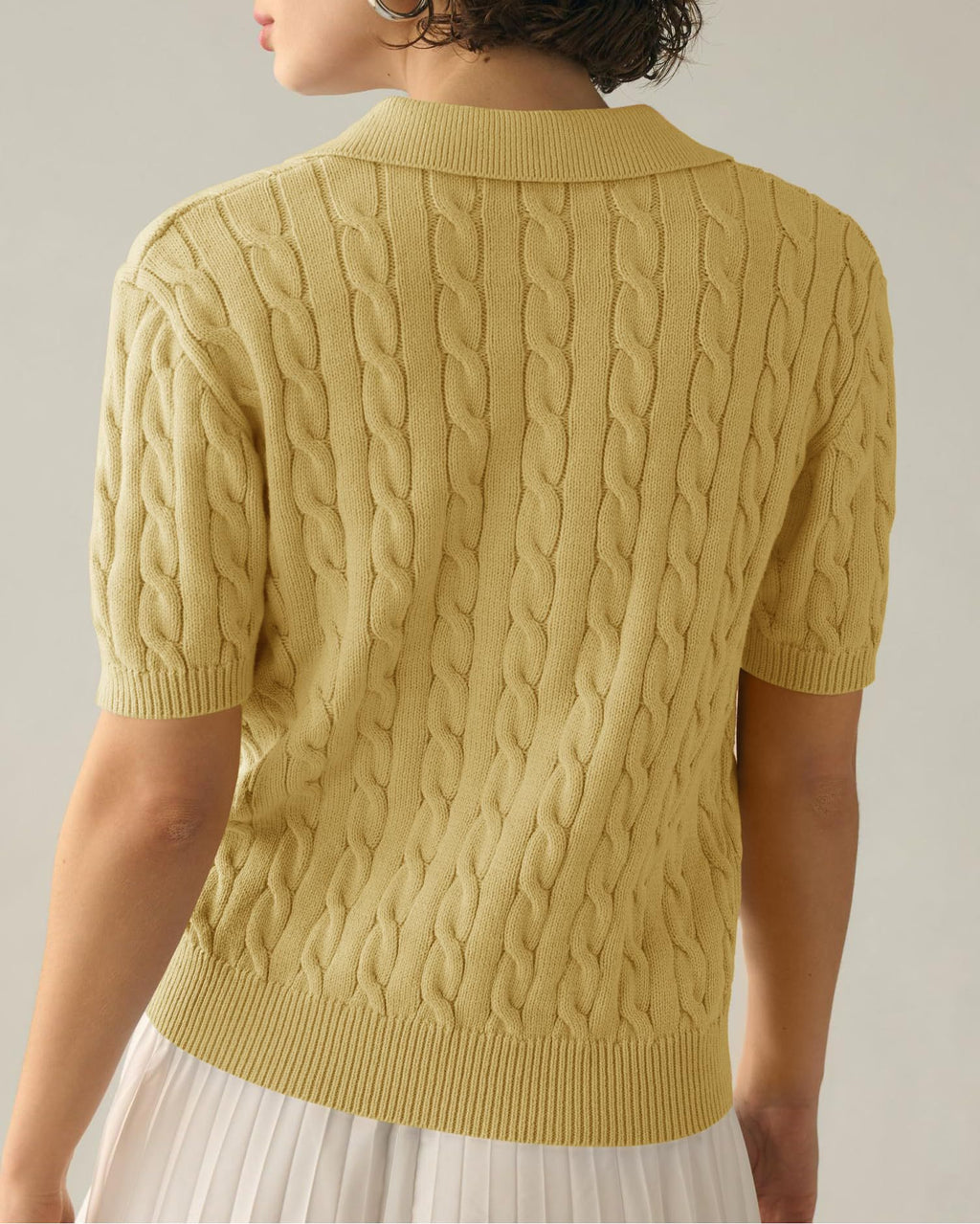 Cable Knit Collared Short Sleeve Polo Top - Yellow - 1