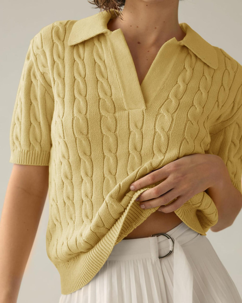 Cable Knit Collared Short Sleeve Polo Top
