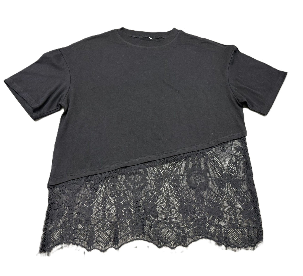 Scalloped Lace Hem Boxy Short Sleeve Tee - Black