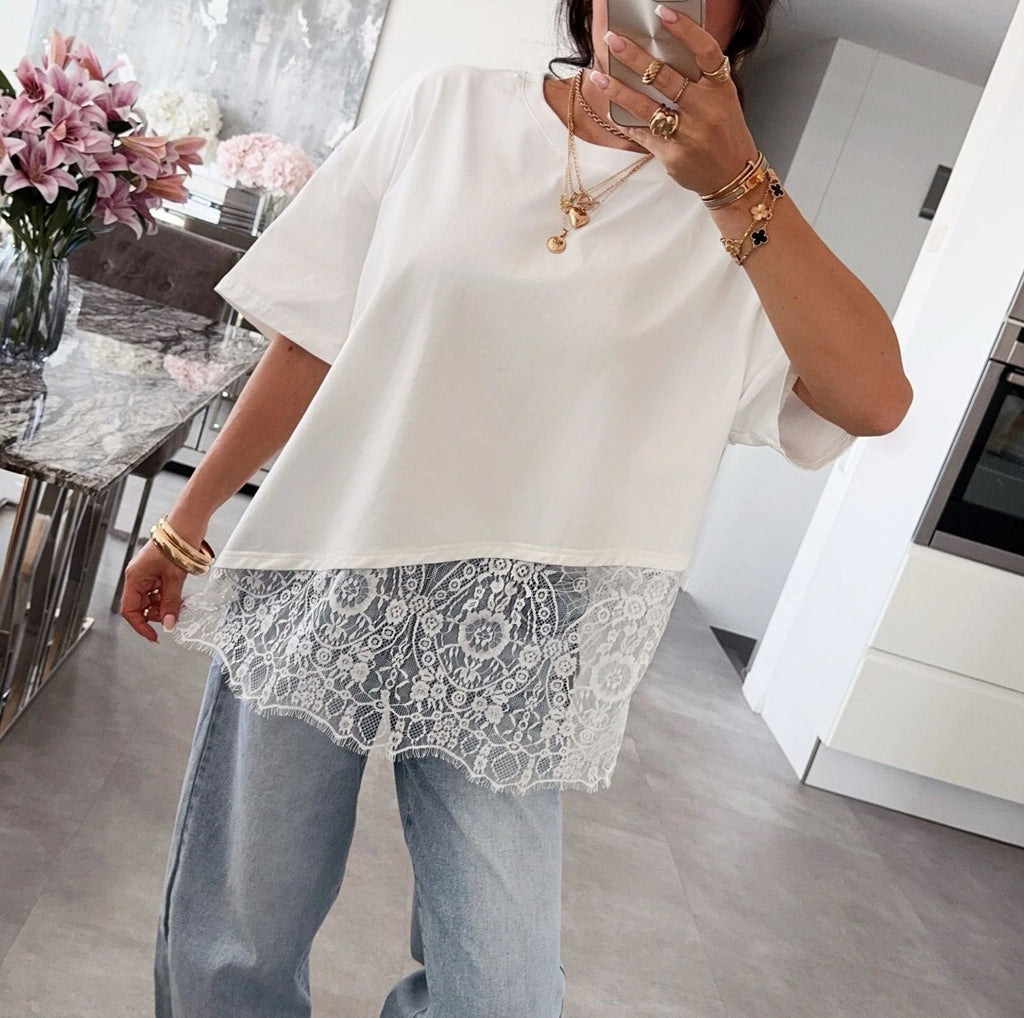 Scalloped Lace Hem Boxy Short Sleeve Tee - White