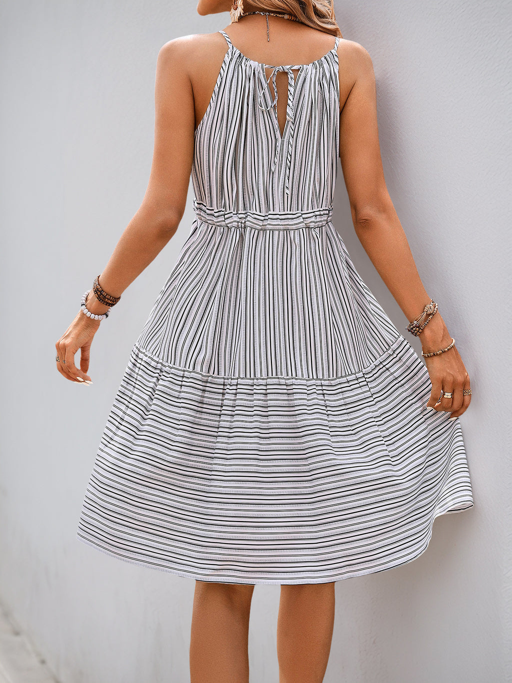 Striped Halter Tie Waist Tiered Dress - Grey - 2
