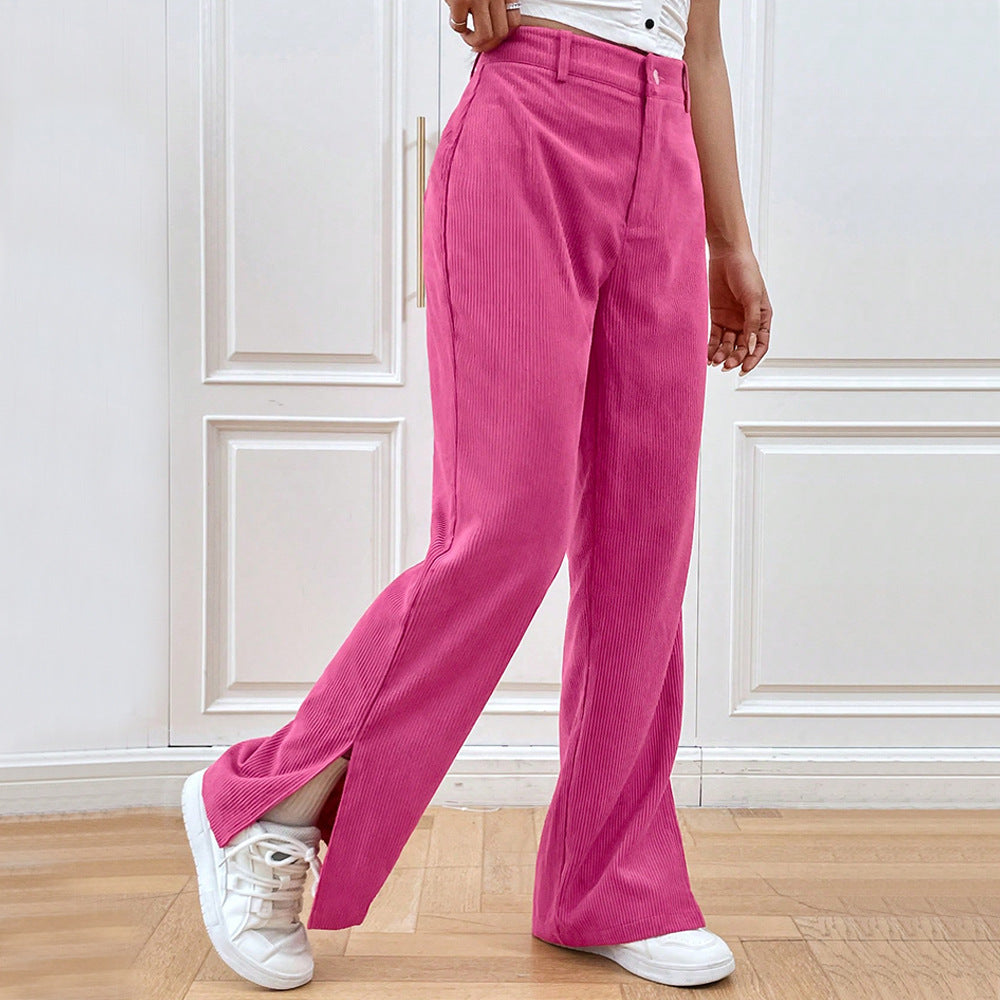Split Hem High Rise Corduroy Wide Leg Pants - Rosered - 1