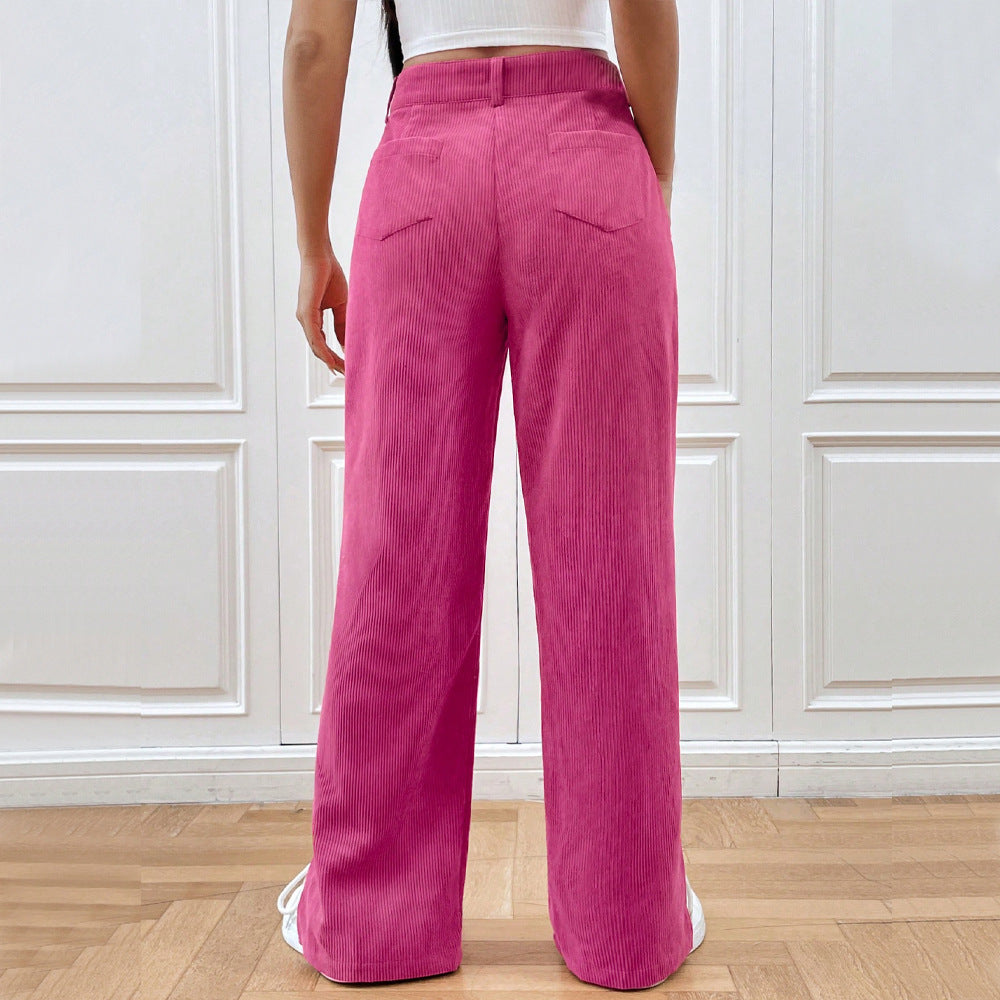 Split Hem High Rise Corduroy Wide Leg Pants - Rosered - 2