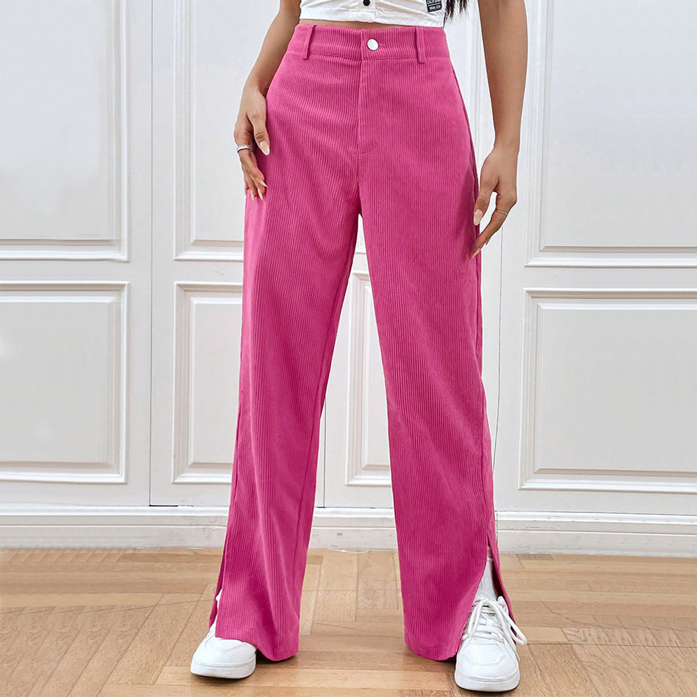 Split Hem High Rise Corduroy Wide Leg Pants - Rosered - 3