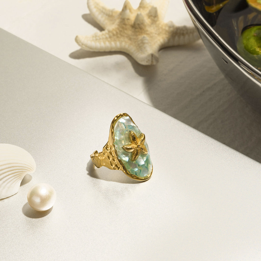 Sea Star Marbled Stone Open Ring - Gold - 1