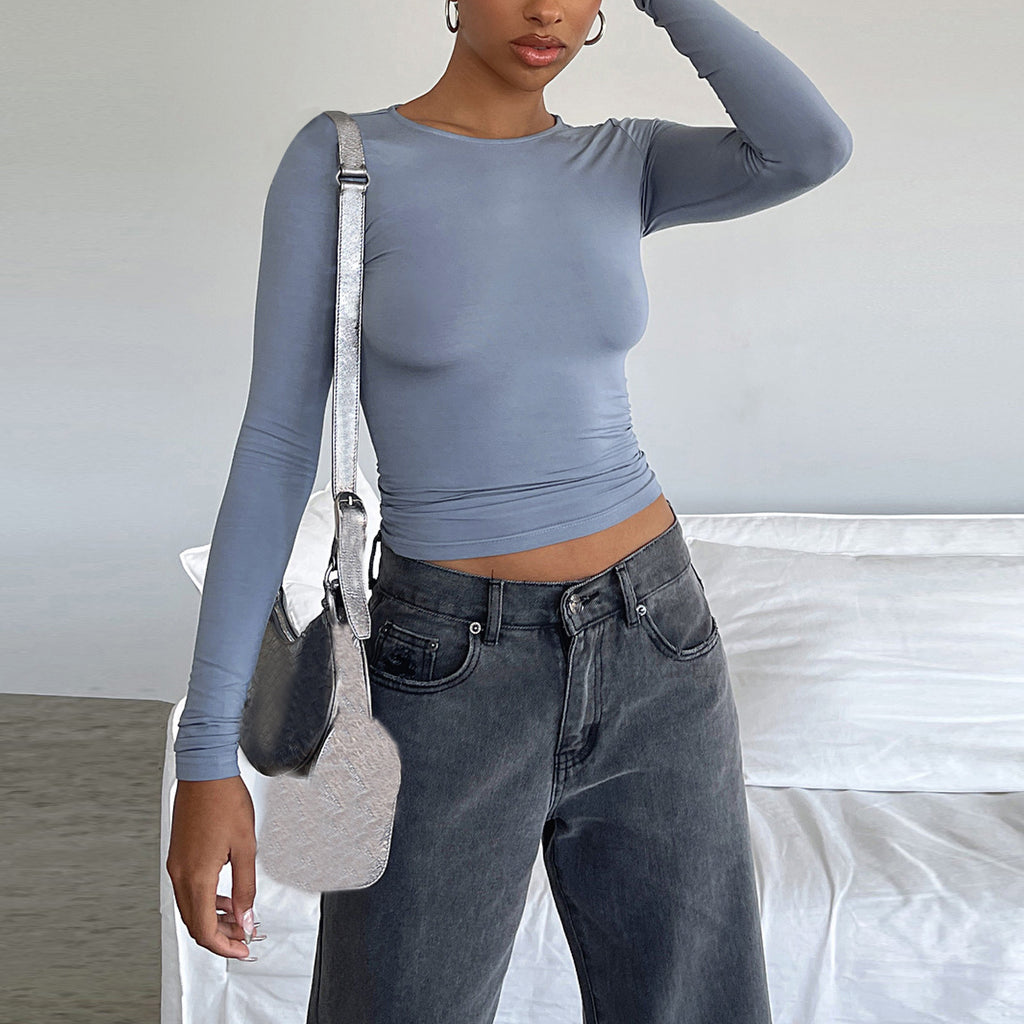 Fitted Long Sleeve Crop Top with Boat Neck - Grey - 1