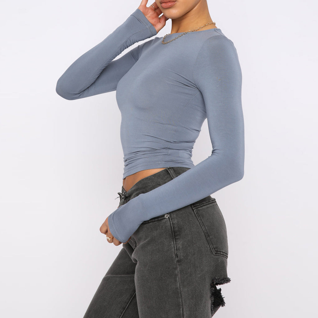 Fitted Long Sleeve Crop Top with Boat Neck - Grey - 2