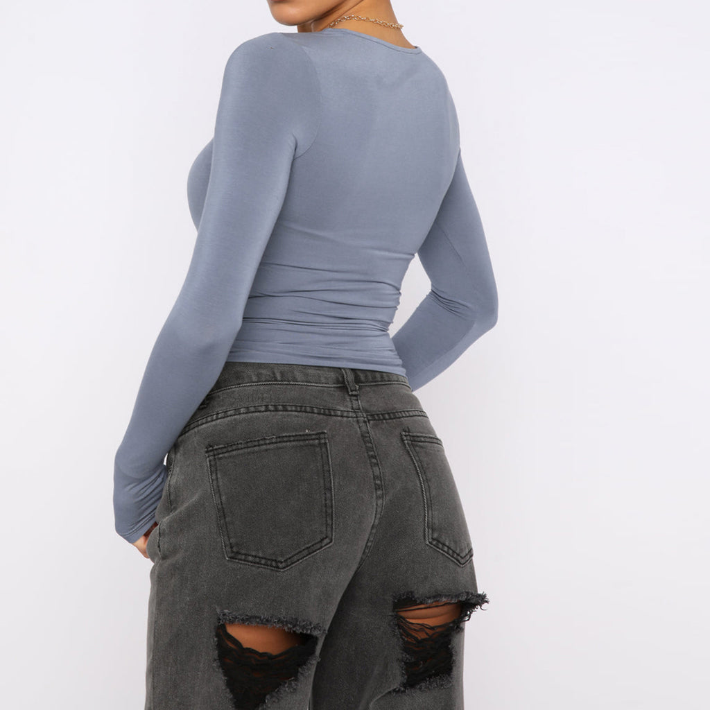 Fitted Long Sleeve Crop Top with Boat Neck - Grey - 4