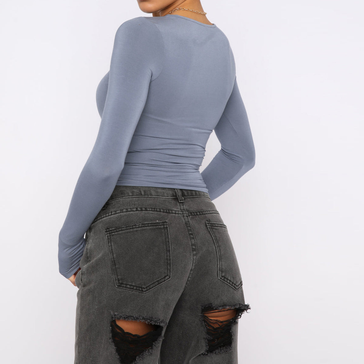 Fitted Long Sleeve Crop Top with Boat Neck - Grey - 4