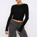 Fitted Long Sleeve Crop Top with Boat Neck - black