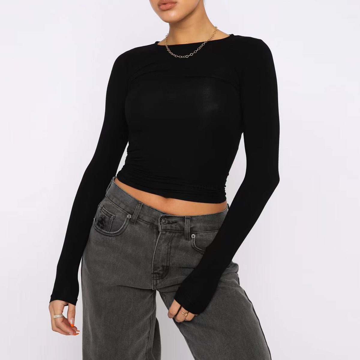 Fitted Long Sleeve Crop Top with Boat Neck - black
