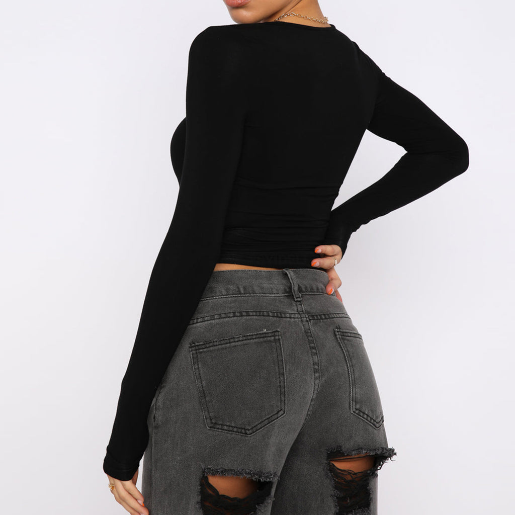 Fitted Long Sleeve Crop Top with Boat Neck - black - 1