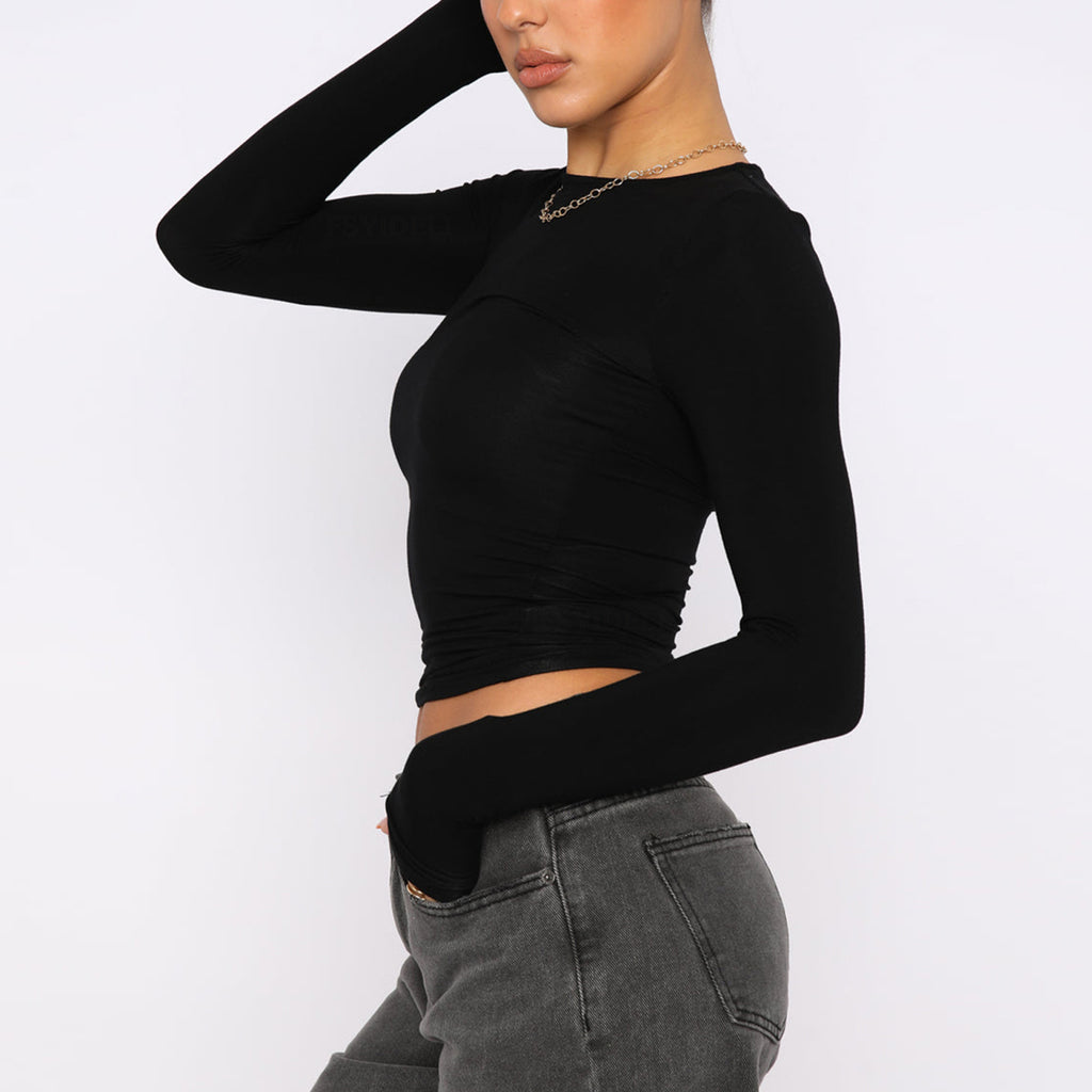 Fitted Long Sleeve Crop Top with Boat Neck - black - 2