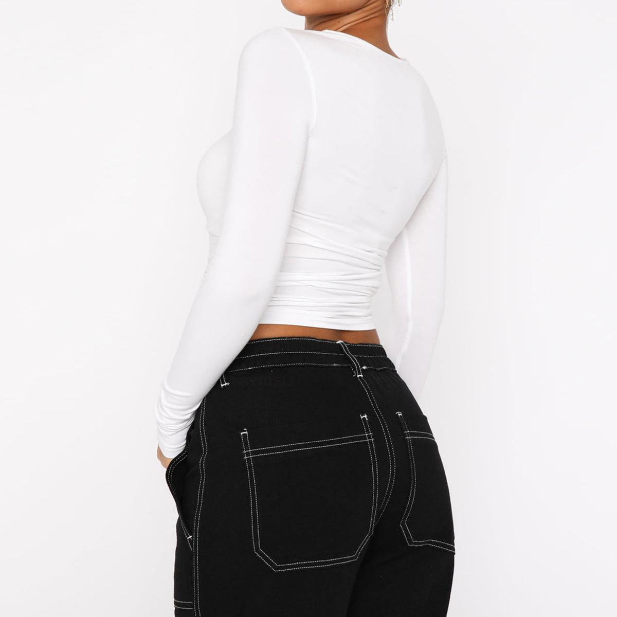 Fitted Long Sleeve Crop Top with Boat Neck - white - 2