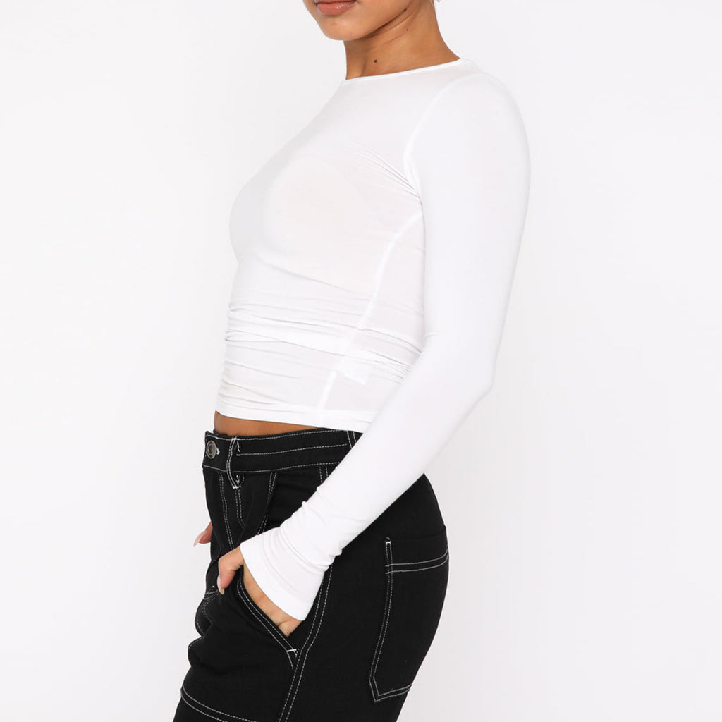 Fitted Long Sleeve Crop Top with Boat Neck - white - 3
