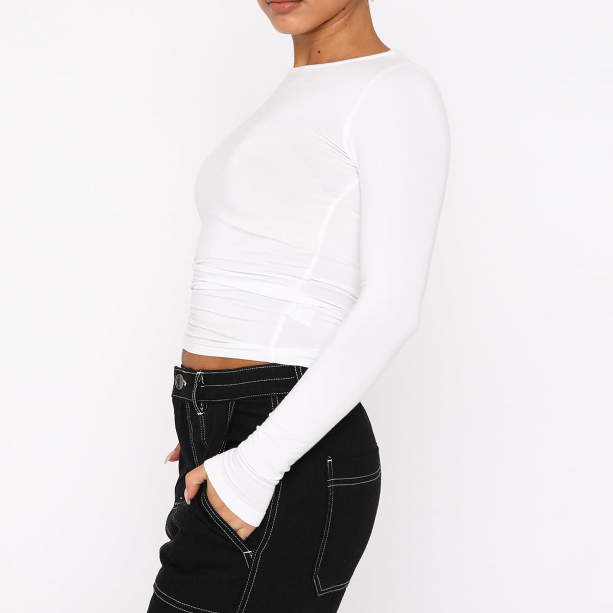 Fitted Long Sleeve Crop Top with Boat Neck - white - 3