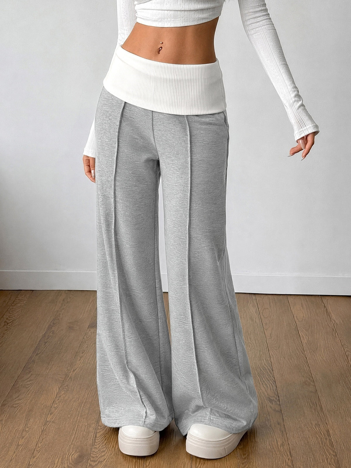 Grey Wide Leg Lounge Pants With Contrast Waistband - Grey - 4