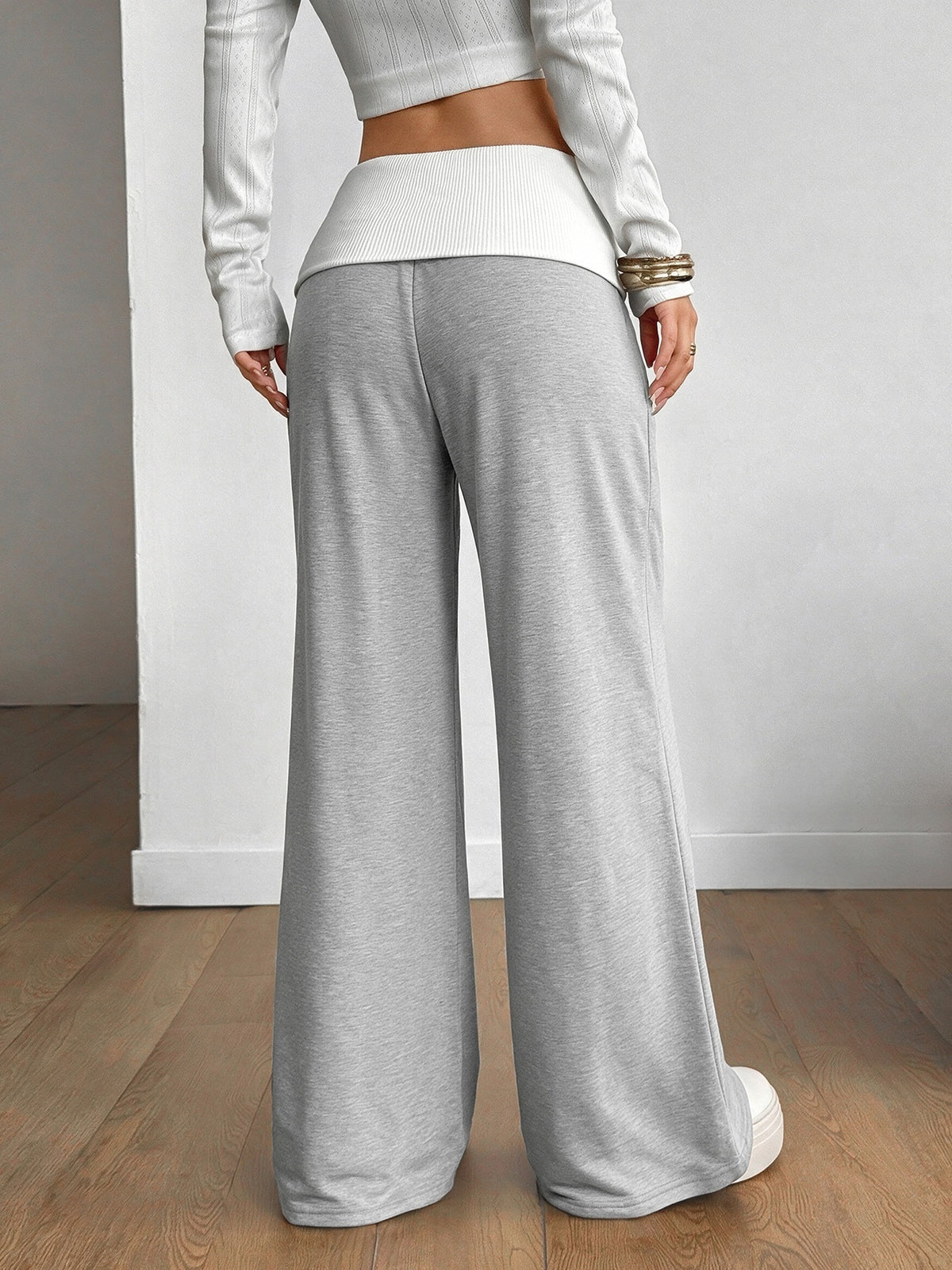 Grey Wide Leg Lounge Pants With Contrast Waistband - Grey - 5
