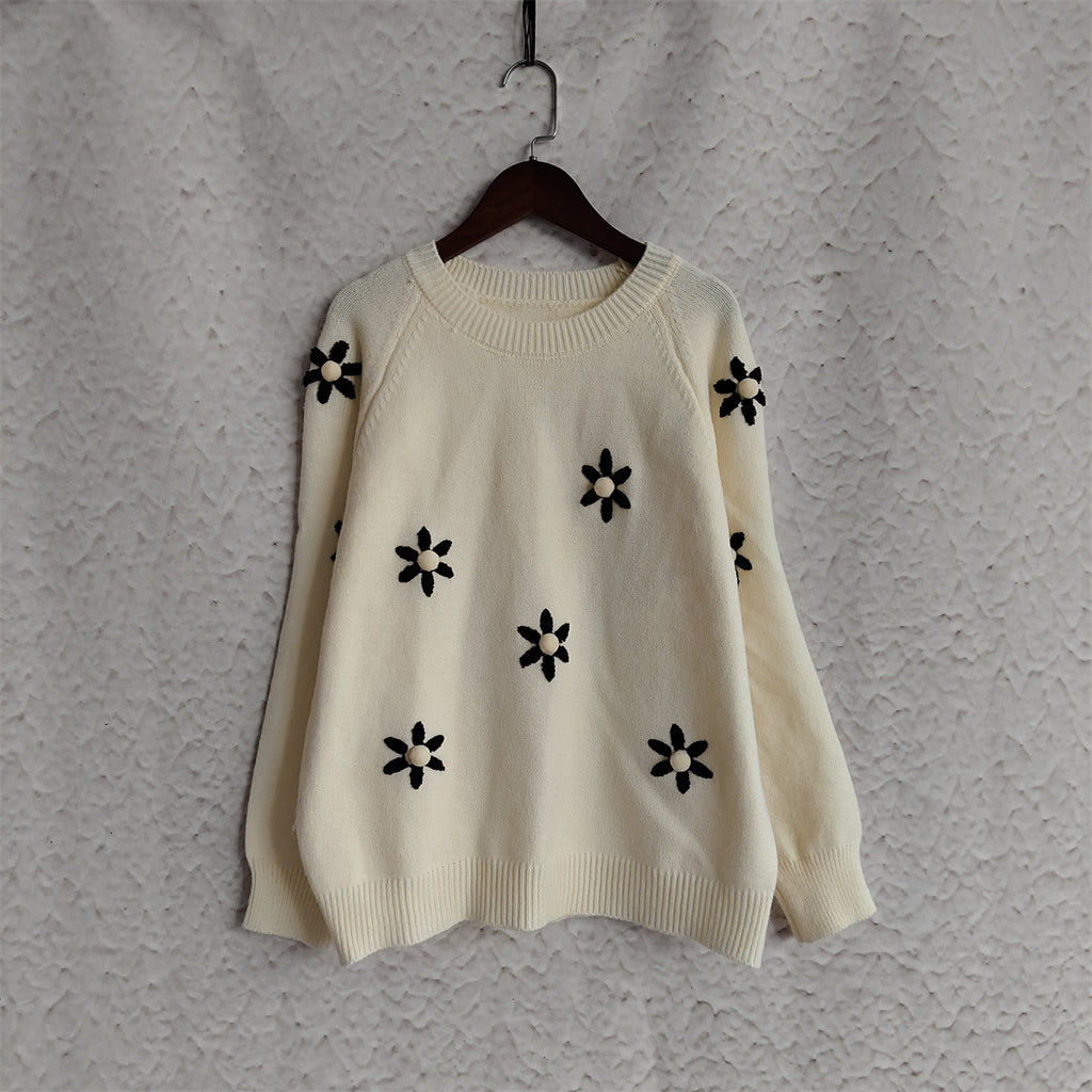 Daisy Embroidered Drop Shoulder Knit Sweater - Beige
