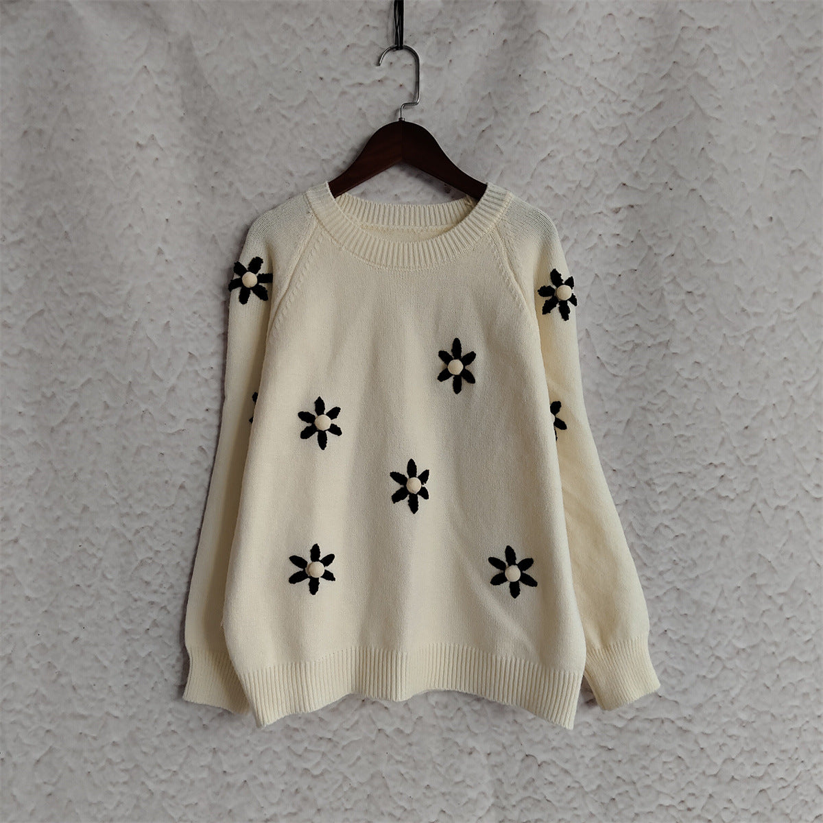 Daisy Embroidered Drop Shoulder Knit Sweater - Beige